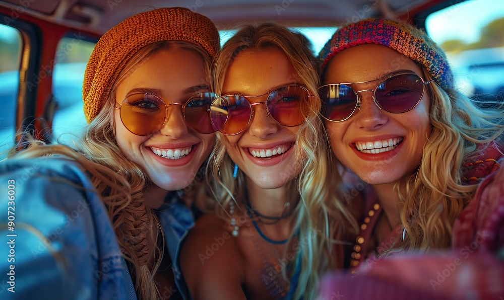 A group of best friends is enjoying a fun car trip. A group of best friends is enjoying a fun car trip.