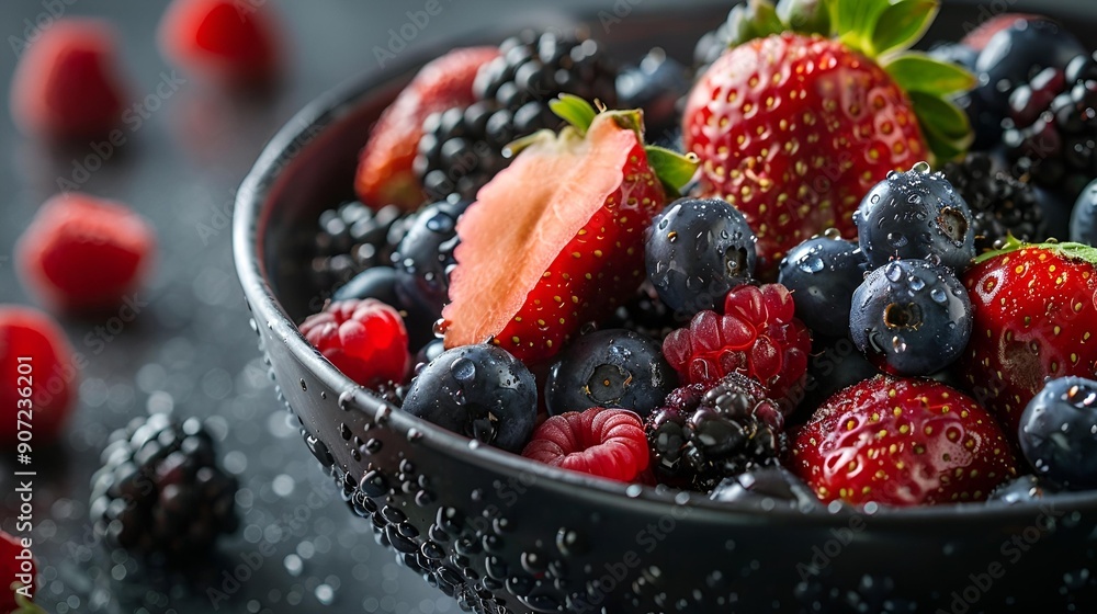 Ripe, red strawberries and juicy blueberries overflow in a white bowl, a tempting summer treat Ripe, red strawberries and juicy blueberries overflow in a white bowl, a tempting summer treat