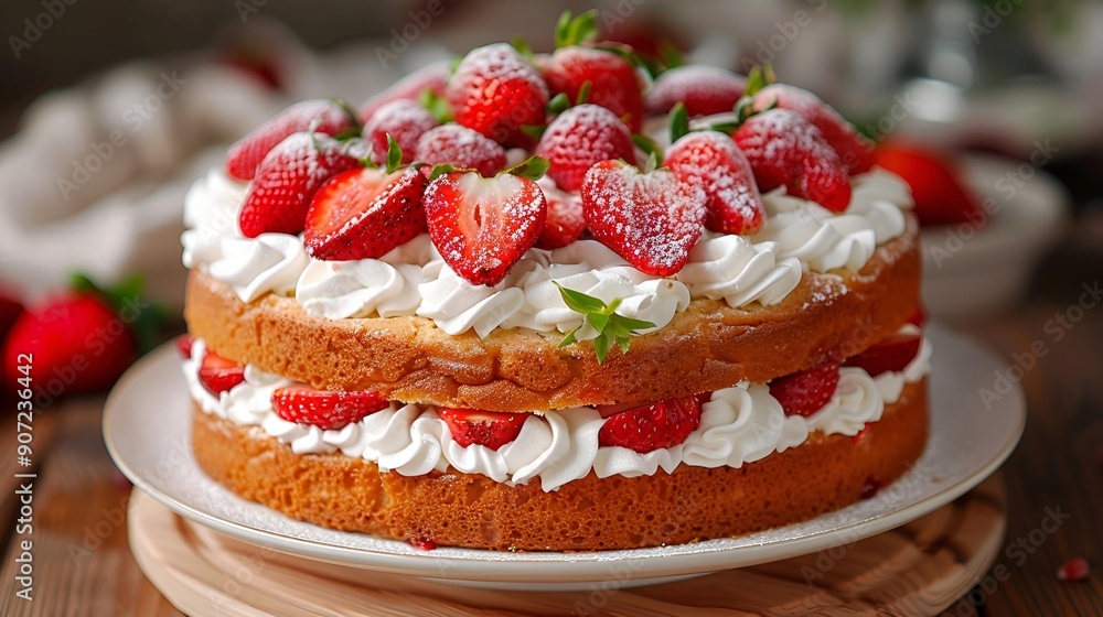 How about: A delicious slice of strawberry cake on a plate, showcasing fresh strawberries and cream? How about: A delicious slice of strawberry cake on a plate, showcasing fresh strawberries and cream?