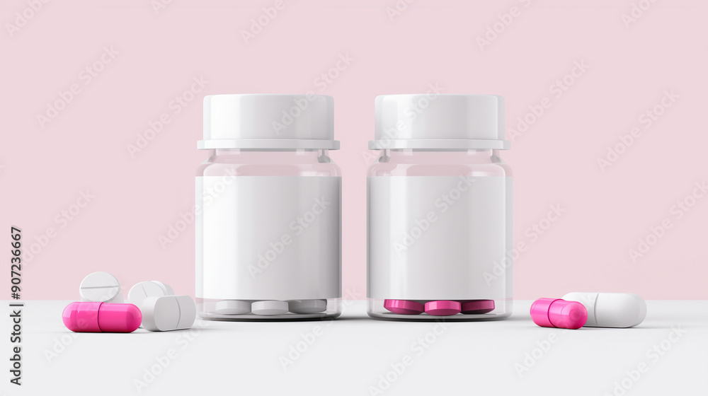 Two medicine bottles with pink and white pills on a pink background, modern and clean medication packaging design. Two medicine bottles with pink and white pills on a pink background, modern and clean medication packaging design.