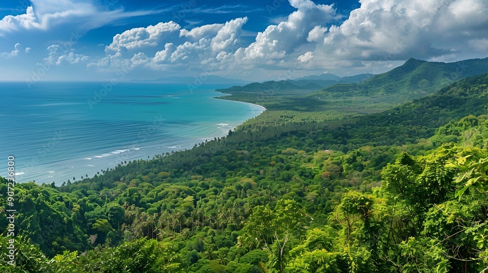 Serene tropical seascape with fluffy clouds, lush green mountains, and pristine beaches Serene tropical seascape with fluffy clouds, lush green mountains, and pristine beaches