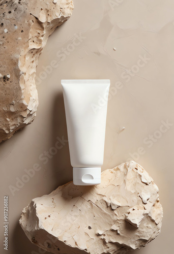 blank tube of cream lotion with rock background photo