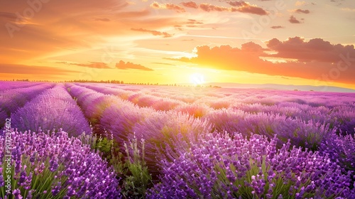 Sun-kissed lavender blooms carpet rolling hills, painting a serene countryside canvas