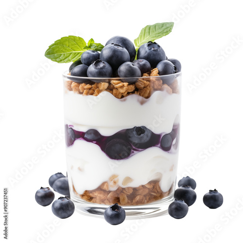 Glass Of Blueberry Yogurt Parfait With Granola And Mint Leaves photo