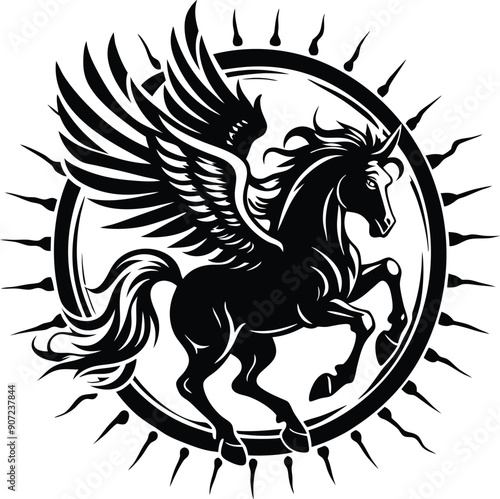 A stylized silhouette of a winged horse in a dynamic rearing pose