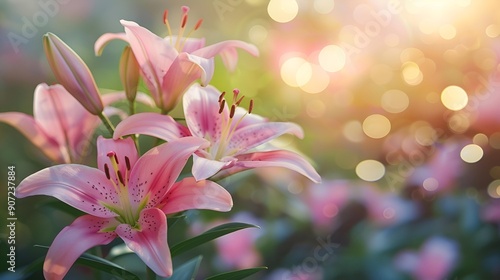 Delicate pink lily blossoms grace a lush garden, a vibrant splash of nature's beauty