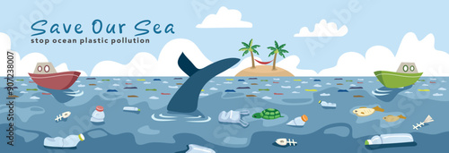 Ocean plastic pollution vector art. Water pollution with botlle plastic. Pollution in the ocean. Clean up ocean plastics. Plastic garbage in sea. Stop ocean plastic pollution. Save our planet.