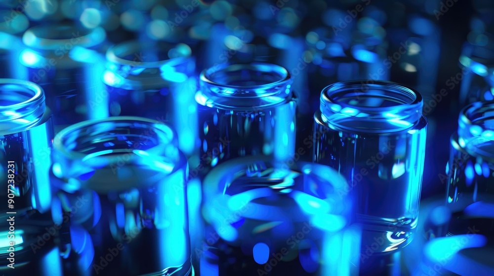 Blue Glass Bottles with Bokeh and Reflections Blue Glass Bottles with Bokeh and Reflections