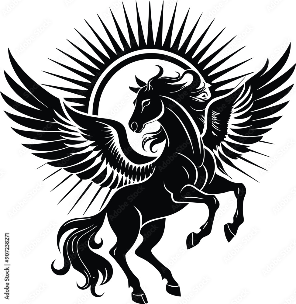 Fototapeta premium A stylized silhouette of a winged horse in a dynamic rearing pose