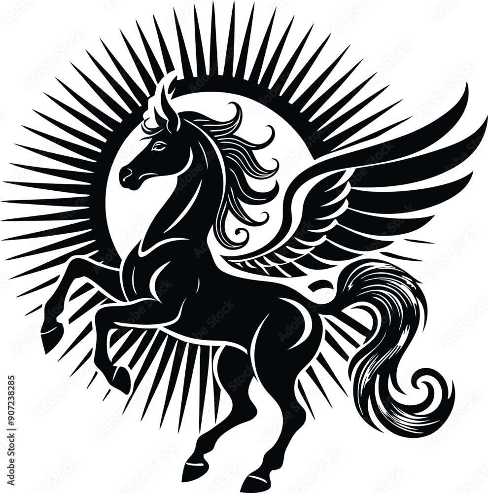 Fototapeta premium A stylized silhouette of a winged horse in a dynamic rearing pose