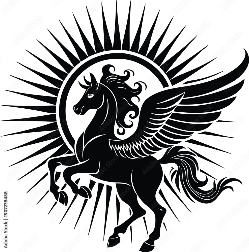 Fototapeta premium A stylized silhouette of a winged horse in a dynamic rearing pose