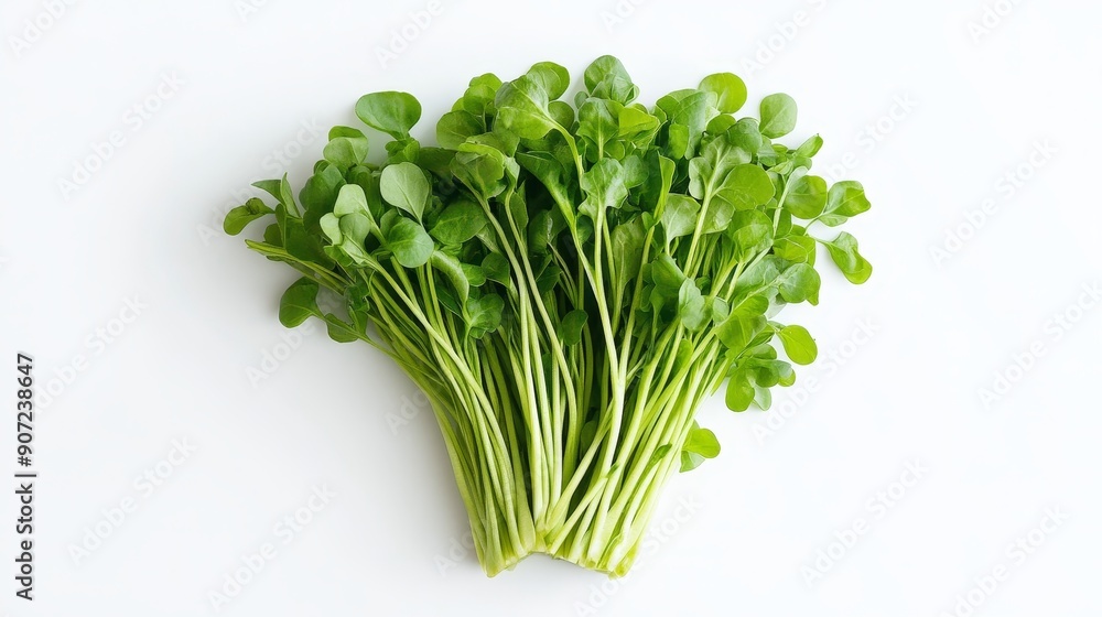 A bundle of watercress, delicately halved to display the inner structure of the stems and leaves. The fresh cut contrasts against a clean white backdrop A bundle of watercress, delicately halved to display the inner structure of the stems and leaves. The fresh cut contrasts against a clean white backdrop
