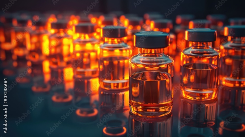 Glass Vials with Orange Liquid Illuminated by Warm Light Glass Vials with Orange Liquid Illuminated by Warm Light