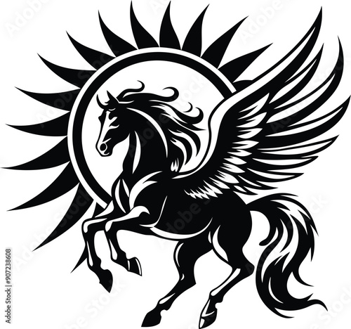 A stylized silhouette of a winged horse in a dynamic rearing pose