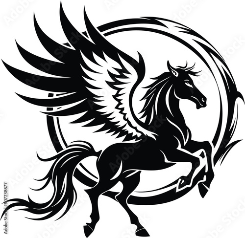 A stylized silhouette of a winged horse in a dynamic rearing pose