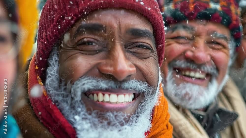 A group of cheerful seniors enjoys a snowy day in the park, bundled in colorful winter attire, sharing warm smiles and laughter. A group of cheerful seniors enjoys a snowy day in the park, bundled in colorful winter attire, sharing warm smiles and laughter.