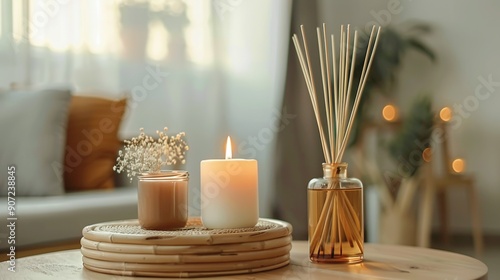 Scented Candles and Reed Diffuser on a Wooden Table