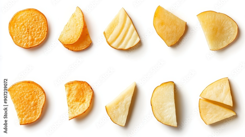A collection of potato slices, varying in thickness, from thin crisps to thick wedges. Each slice is isolated on a bright white background A collection of potato slices, varying in thickness, from thin crisps to thick wedges. Each slice is isolated on a bright white background