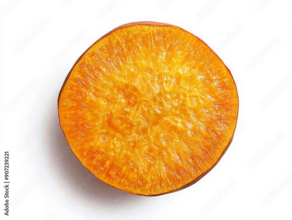 A cross-section of a sweet potato, showing the fibrous interior and smooth outer skin. Isolated perfectly on a crisp white background A cross-section of a sweet potato, showing the fibrous interior and smooth outer skin. Isolated perfectly on a crisp white background