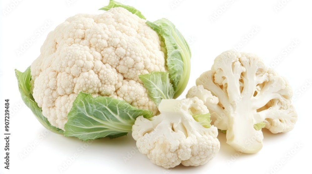 A half cauliflower with individual florets separated, displaying the vegetable's natural structure and freshness. Isolated on a pristine white background A half cauliflower with individual florets separated, displaying the vegetable's natural structure and freshness. Isolated on a pristine white background