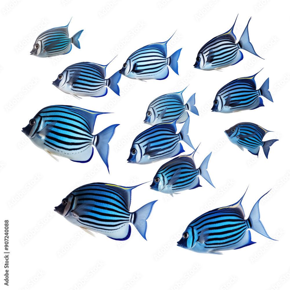 School Of Blue And Black Striped Tropical Fish Swimming In Water School Of Blue And Black Striped Tropical Fish Swimming In Water