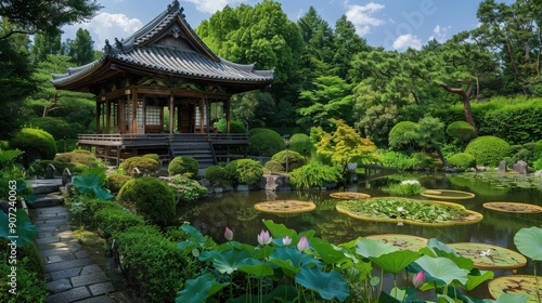A serene garden featuring a traditional pavilion surrounded by lush greenery and tranquil water lilies, ideal for relaxation and reflection. © Kin no Hikari