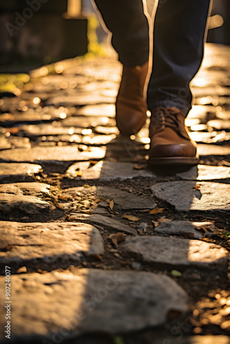 Moving Forward: A Visual Metaphor of Progress and Exploration through a Footstep on Cobblestone Path