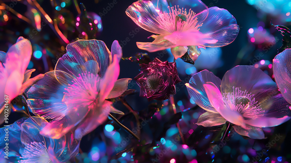 An avant-garde floral display with shifting holographic flowers and bioluminescent decor An avant-garde floral display with shifting holographic flowers and bioluminescent decor