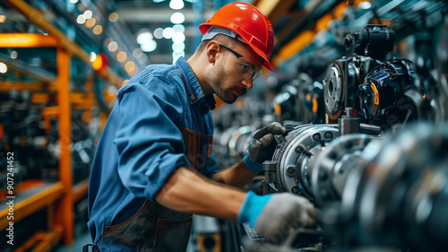 Industrial engineer in factory using smart tablet device to control network for automotive industry