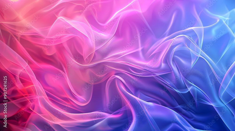 Abstract wave in iridescent soft neon shades, pink, purple, blue. Waves of smoke or fabric flying in the wind. Iridescent fabric, holographic texture. Banner background with space for text Abstract wave in iridescent soft neon shades, pink, purple, blue. Waves of smoke or fabric flying in the wind. Iridescent fabric, holographic texture. Banner background with space for text