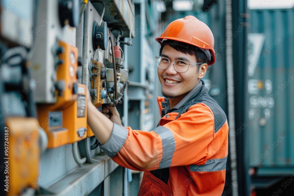 A man in an orange safety vest and helmet is working on a machine, highlighting his profession and focus