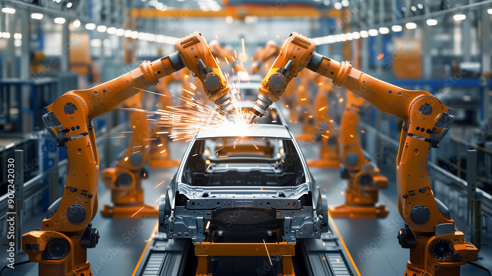 Car assembly lines with robots and human workers collaborating to make modern vehicles. Car assembly lines with robots and human workers collaborating to make modern vehicles.