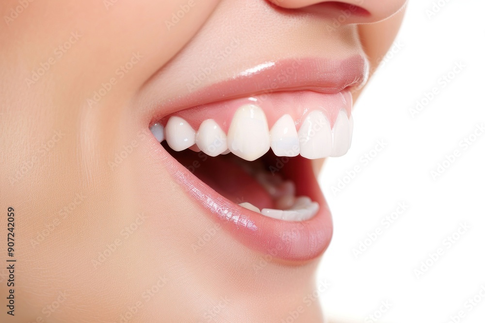 Fototapeta premium Smiling woman with white teeth holding a white toothbrush, beauty and dental care concept