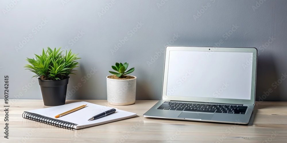 Minimalistic office desk with notepad, pen, laptop and plant, minimalism, office, desk, notepad, pen, laptop, plant