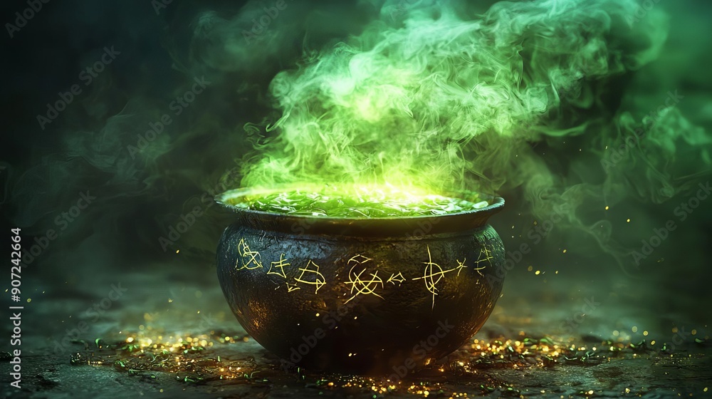 A witch's cauldron bubbling with green smoke, enhanced to show magical symbols in the air A witch's cauldron bubbling with green smoke, enhanced to show magical symbols in the air