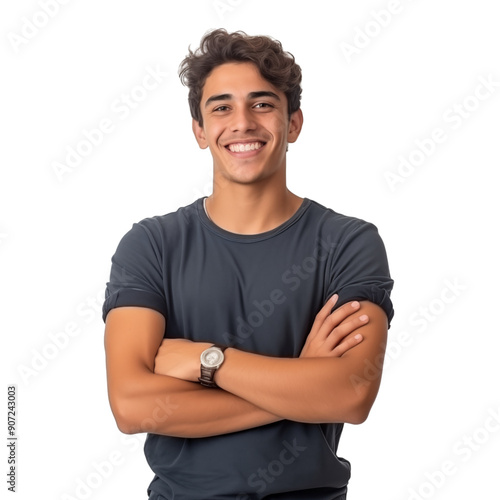 Young Man In Dark T-Shirt With Folded Arms Smiling At Camera
