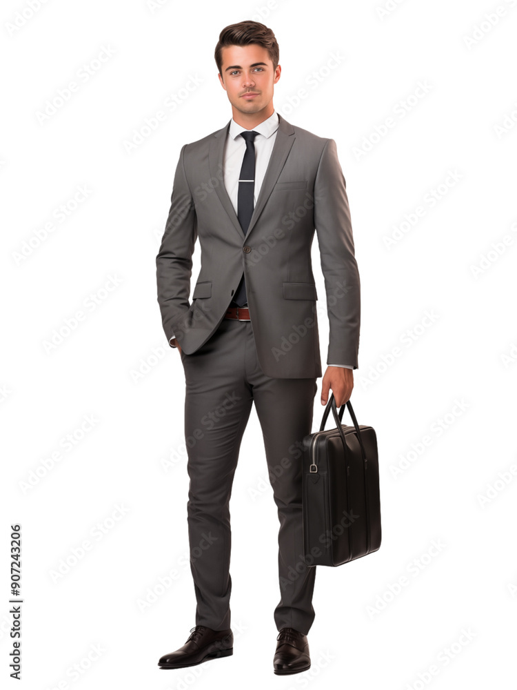 Young Businessman In Gray Suit Holding Briefcase On Transparent Background Young Businessman In Gray Suit Holding Briefcase On Transparent Background