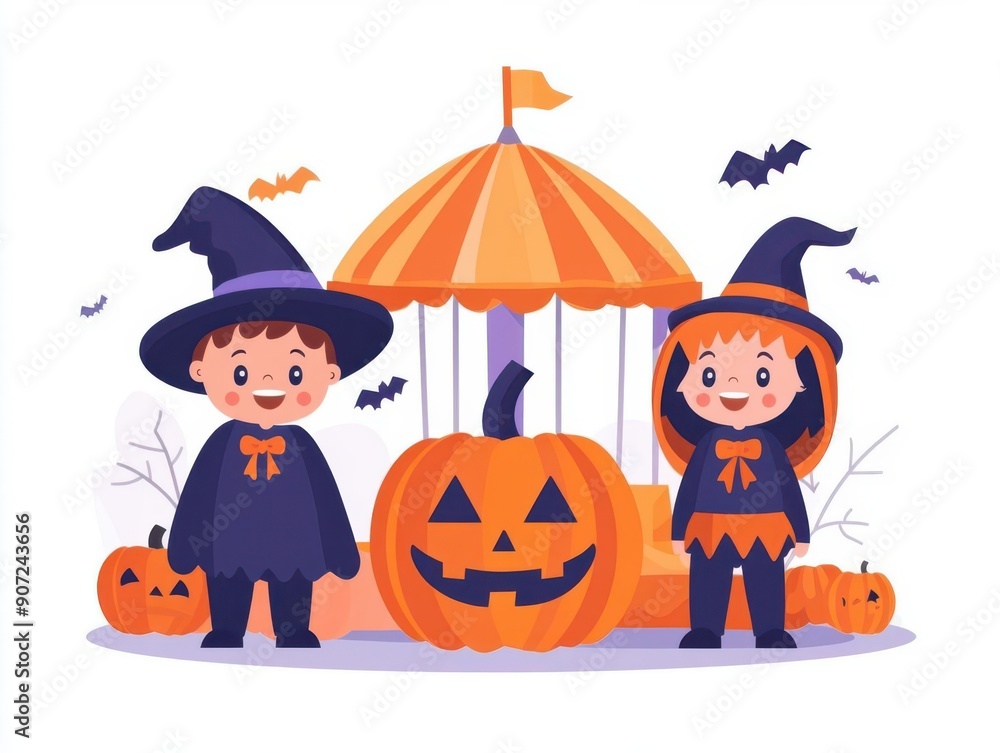 Spooky carnival, kids in costumes, playful rides, flat design illustration Spooky carnival, kids in costumes, playful rides, flat design illustration