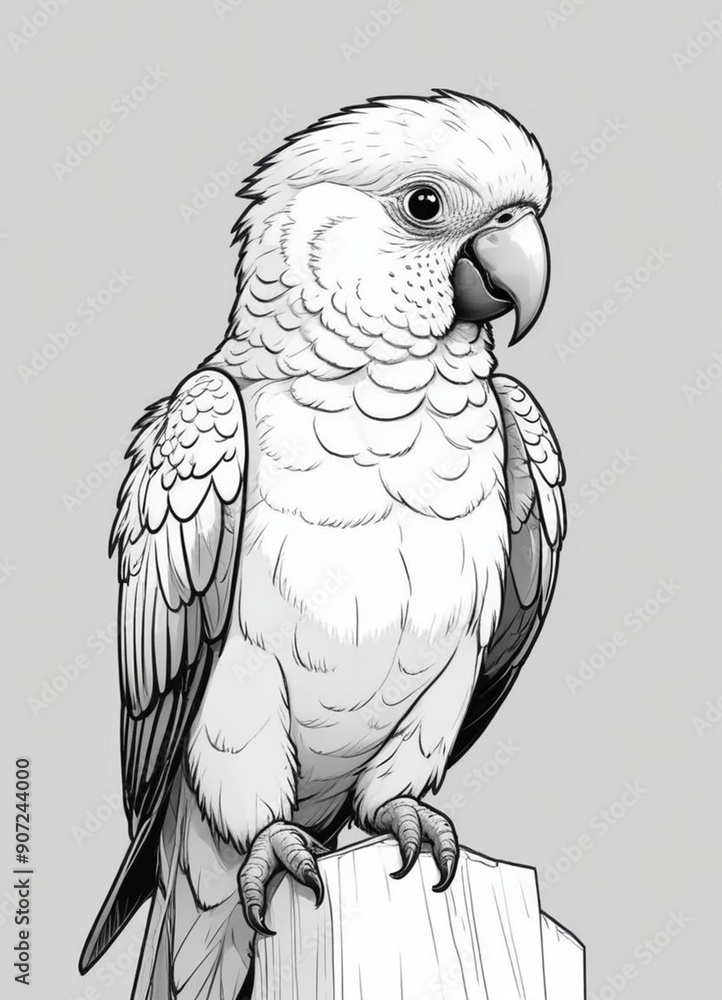 Obraz premium It is a cute parrot, with big pretty eyes, simple outlines and shapes, a coloring page black and white comic book flat vector, and a white background