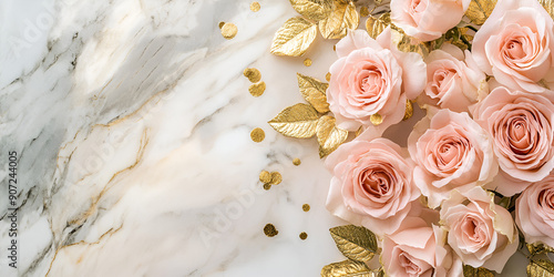 Pink Roses with Gold Petals and Leaves on White Marble Background