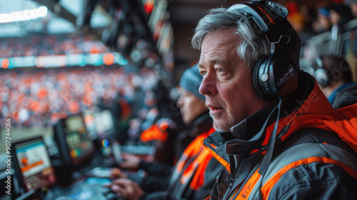 Focused sports broadcaster commentating during a live event, wearing headphones and using equipment in a stadium press box.