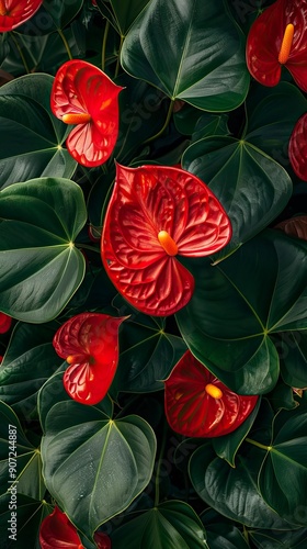 Wallpaper Mural Red anthurium flowers with yellow pistil and several green leaves. Views from above
 Torontodigital.ca