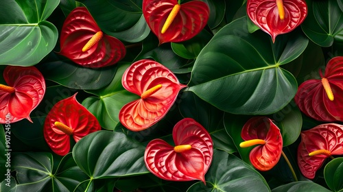 Wallpaper Mural Red anthurium flowers with yellow pistil and several green leaves. Views from above
 Torontodigital.ca