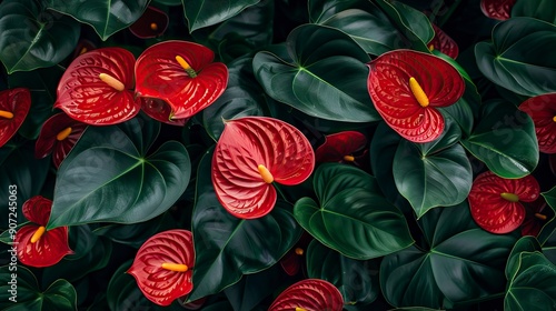 Wallpaper Mural Red anthurium flowers with yellow pistil and several green leaves. Views from above Torontodigital.ca