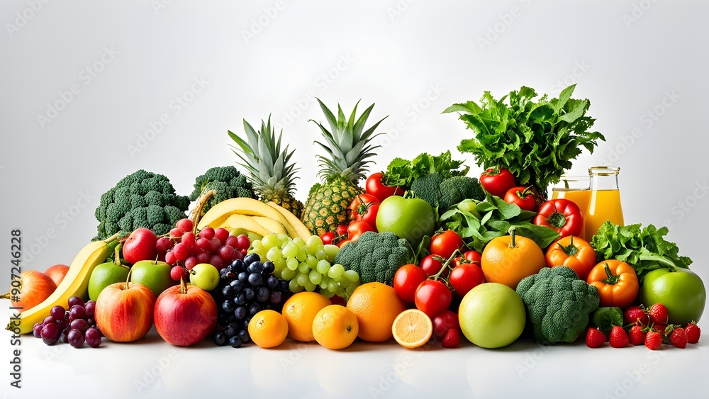 A large assortment of fruits and vegetables are displayed on a white background A large assortment of fruits and vegetables are displayed on a white background