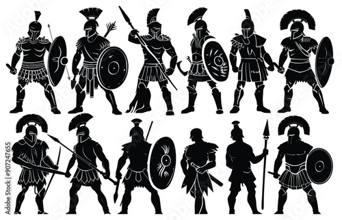 Set Of Silhouette Roman Gladiator, silhouettes of warriors and knights with different weapons and armor. a set of vectors