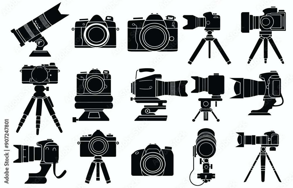 Photo and camera icon set. Icons of photography, image, photo gallery and photo camera.  silhouette cameras, video cameras set on white background vector