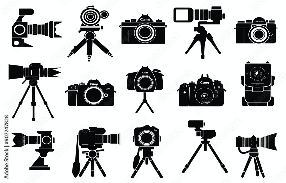 Photo and camera icon set. Icons of photography, image, photo gallery and photo camera. silhouette cameras, video cameras set on white background vector