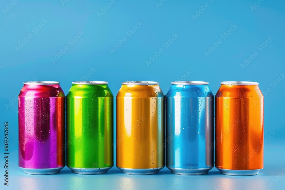 A row of six different colored soda cans on a table or shelf A row of six different colored soda cans on a table or shelf