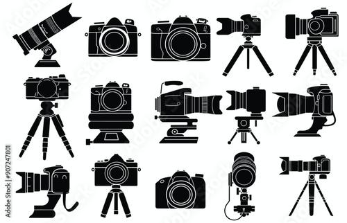 Photo and camera icon set. Icons of photography, image, photo gallery and photo camera.  silhouette cameras, video cameras set on white background vector